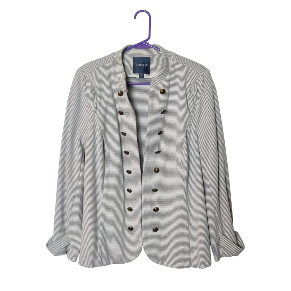 Modcloth Military Double Breasted Knit Blazer Jacket 1X Gray Stripe Nautical